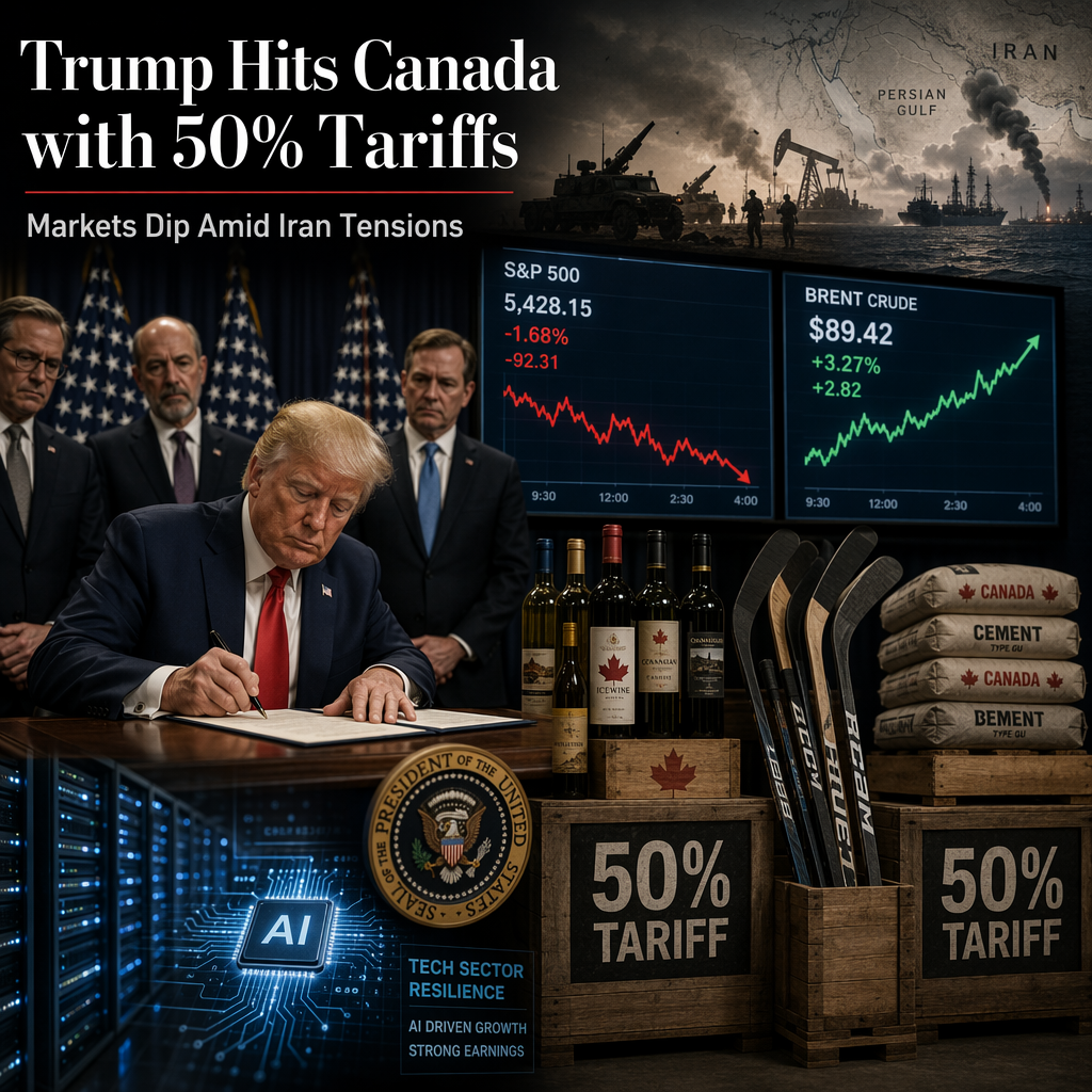 Trump Imposes 50% Tariffs on Canadian Goods; Markets Dip Amid Iran Tensions