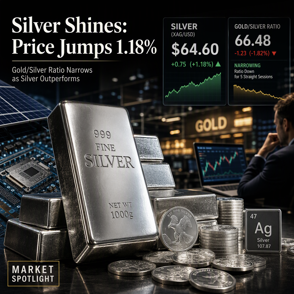 Silver Prices Climb 1.18% to $64.60 per Ounce, Gold/Silver Ratio Narrows