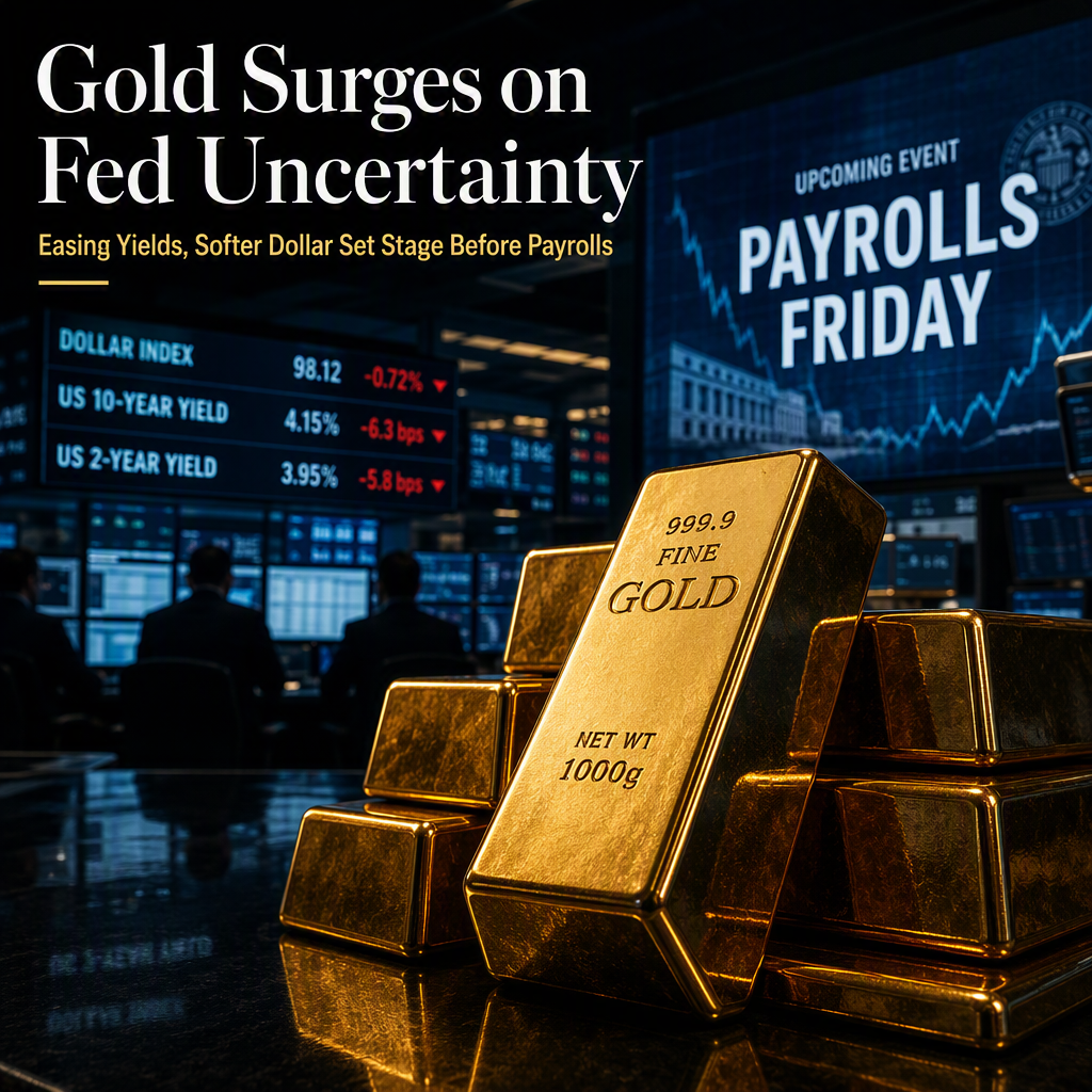 Gold Surges as Easing Yields and Softer US Dollar Reflect Fed Uncertainty Ahead of Key Payrolls Data