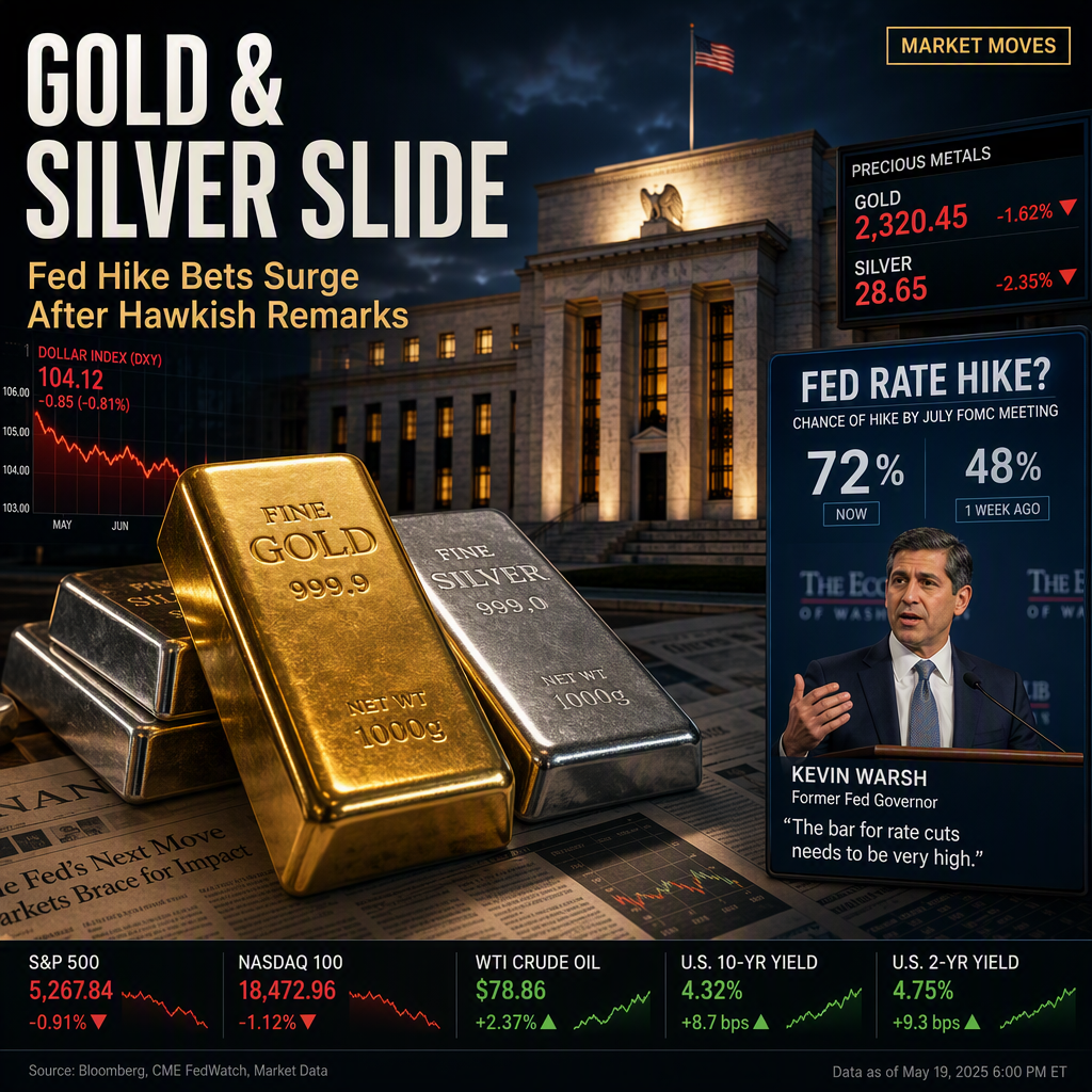 Gold and Silver Retreat as Fed Rate Hike Bets Rise After Warsh's Hawkish Remarks