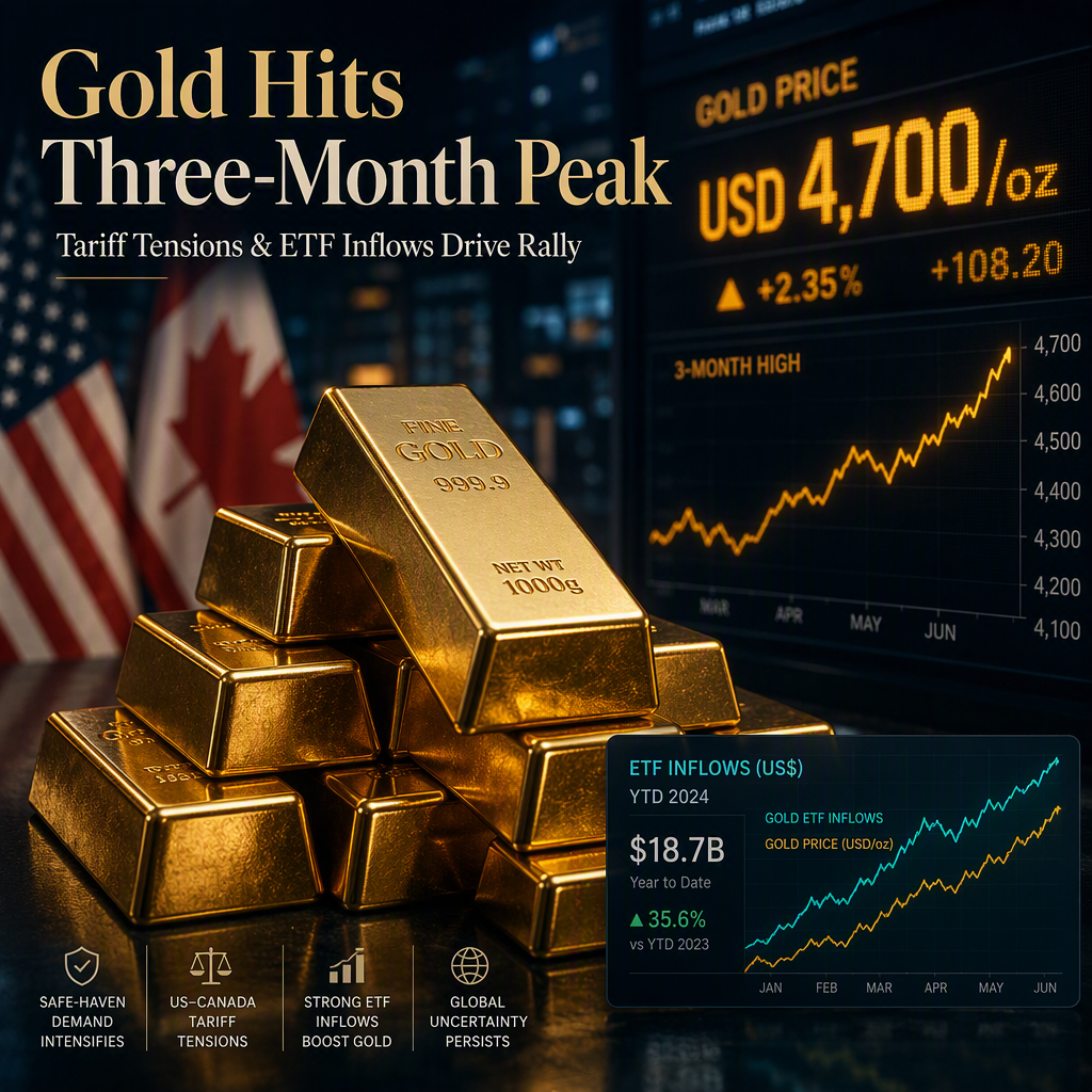 Gold Surges to Three-Month High Amid US–Canada Tariff Tensions and Strong ETF Inflows