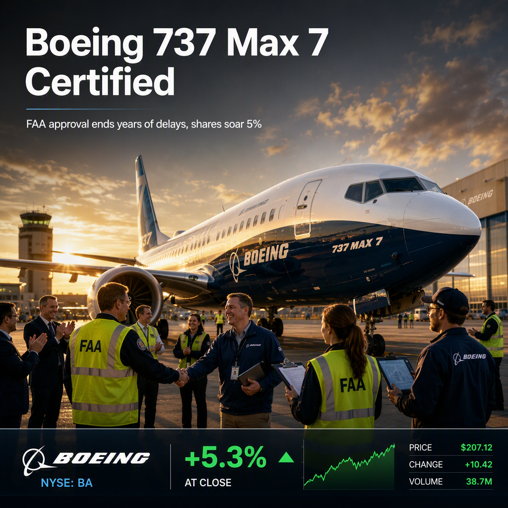 FAA Certifies Boeing 737 Max 7 After Years of Delays, Boosting Stock Over 5%