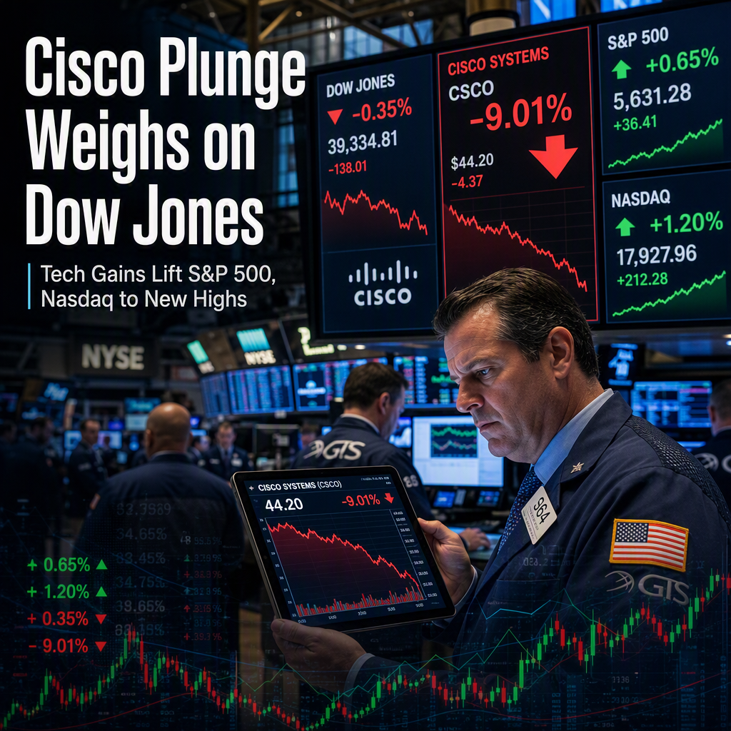 Cisco's 9% Drop Drives Dow Jones Decline Amid Broader Market Gains