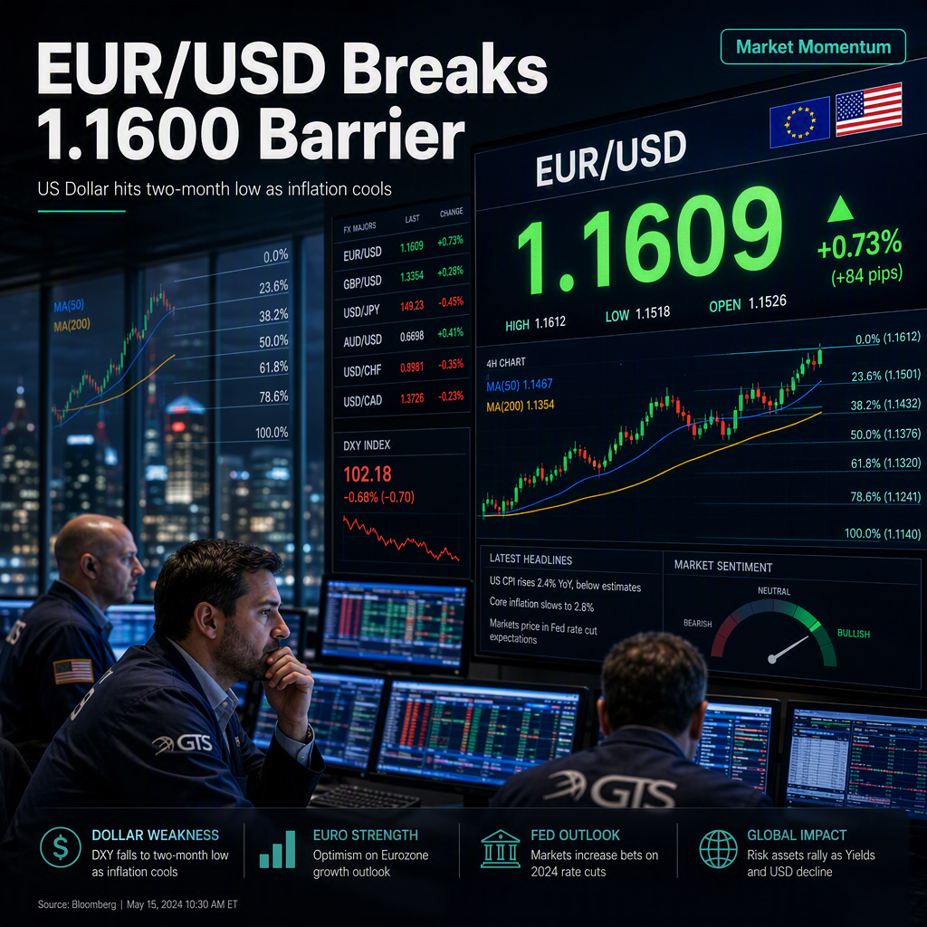 EUR/USD Surges Past 1.1600 as US Dollar Hits Two-Month Low on Cooling Inflation