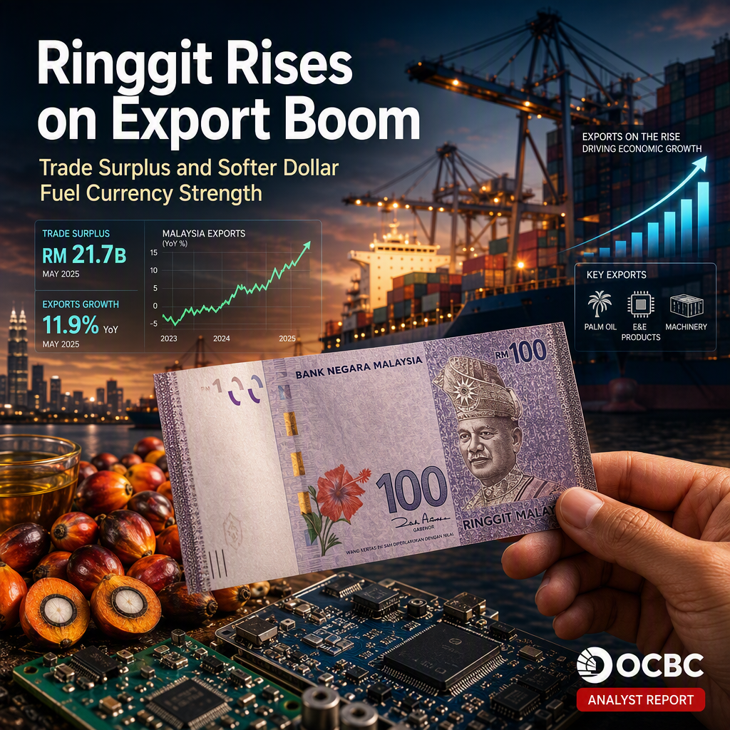 Malaysian Ringgit Strengthened by Surging Exports and Trade Surplus, OCBC Reports