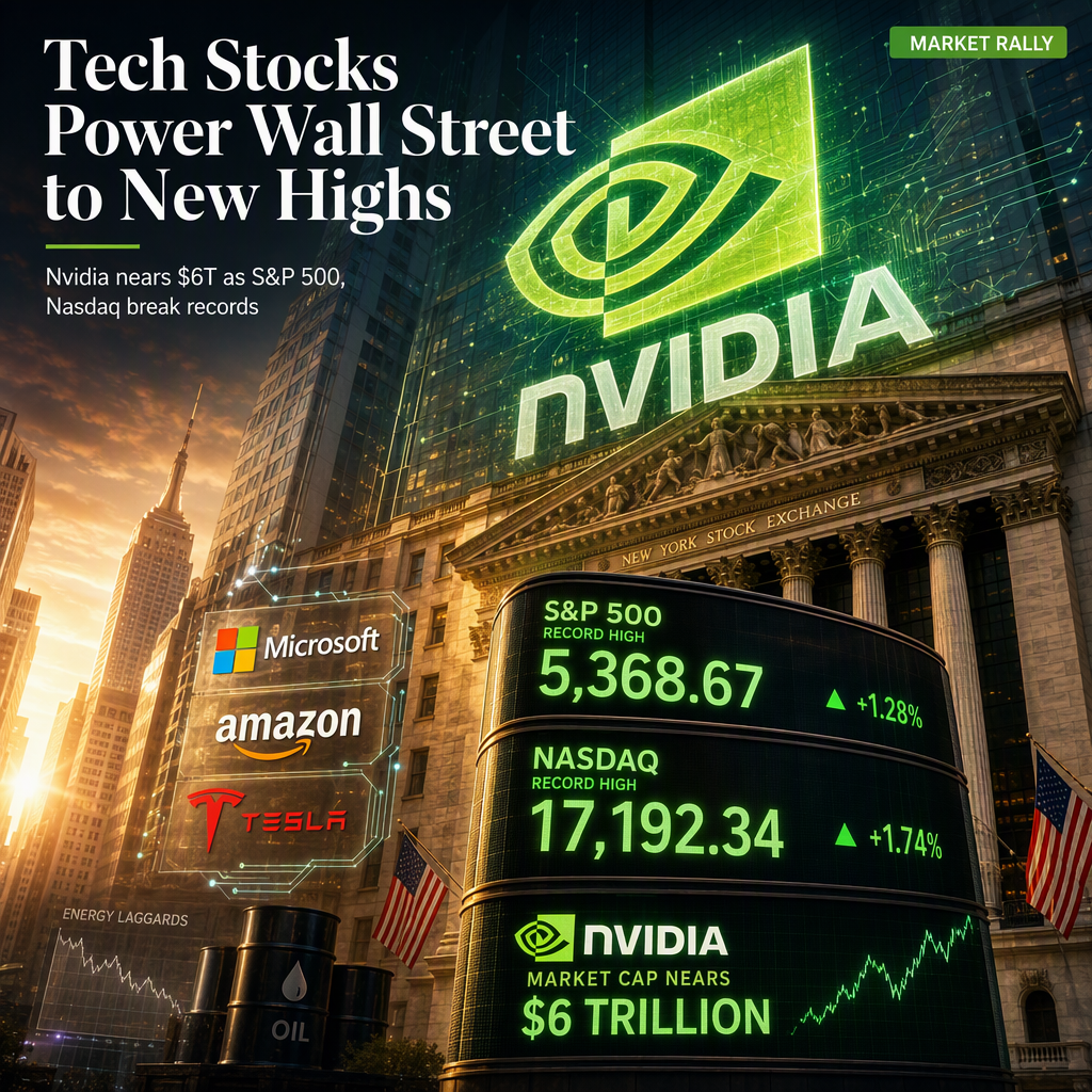 S&P 500 and Nasdaq Hit Record Highs as Nvidia Approaches $6 Trillion Valuation Amid Tech Rally
