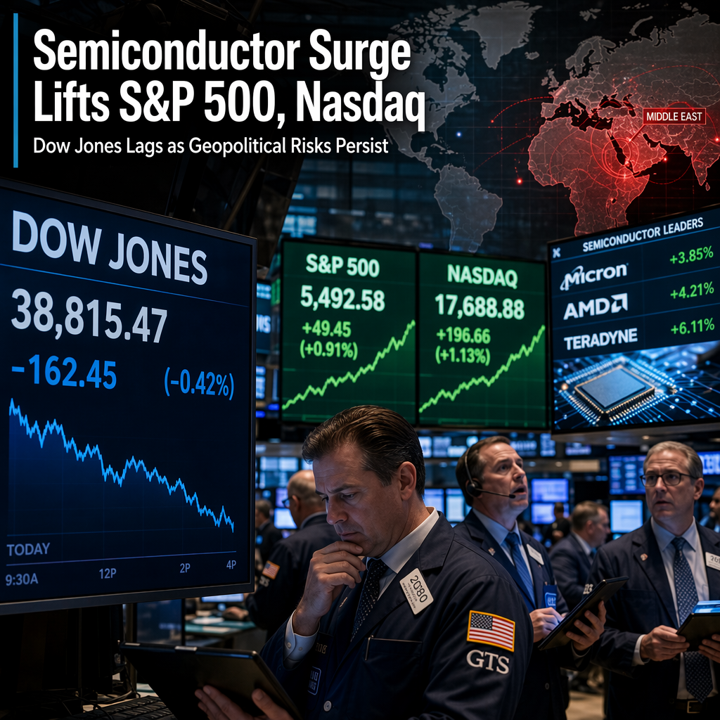 Dow Jones Lags as Semiconductor Rally Lifts S&P 500 and Nasdaq Amid Geopolitical Tensions