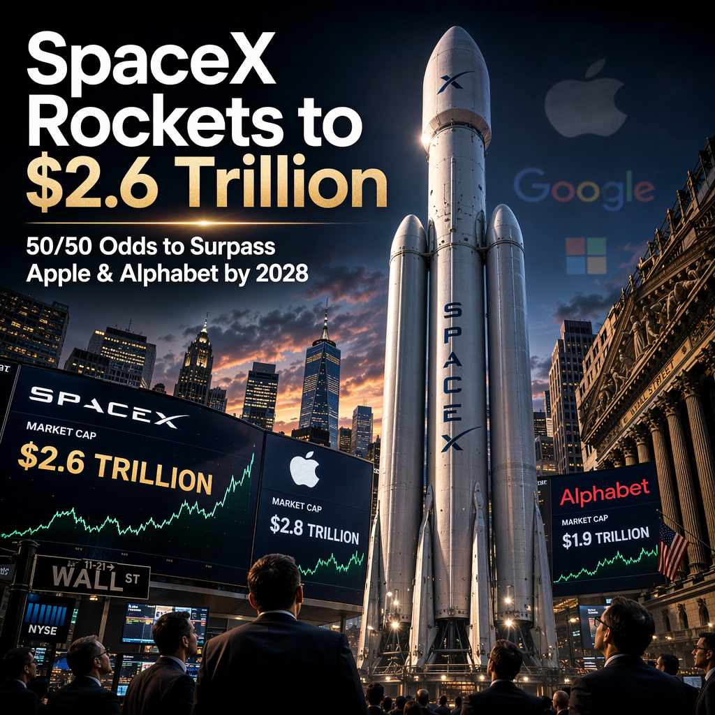 SpaceX Valued at $2.6 Trillion, Faces 50/50 Odds to Surpass Apple and Alphabet by 2028