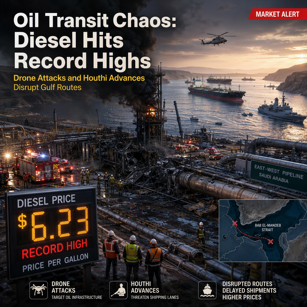 Drone Attack and Houthi Advances Disrupt Gulf Oil Routes, Sending Diesel Prices to Record Highs
