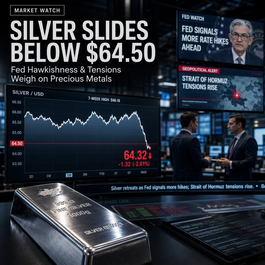 Silver Retreats Below $64.50 After Rejection at Seven-Week Highs Amid Fed Hawkishness and Geopolitical Tensions