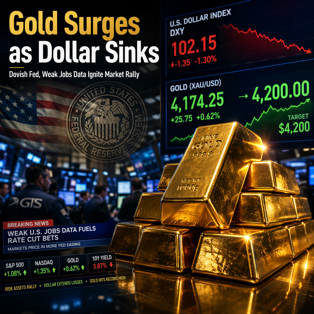 Gold Surges Toward $4,200 as Weak US Jobs Data and Fed Dovishness Sink Dollar, Spur Market Rally