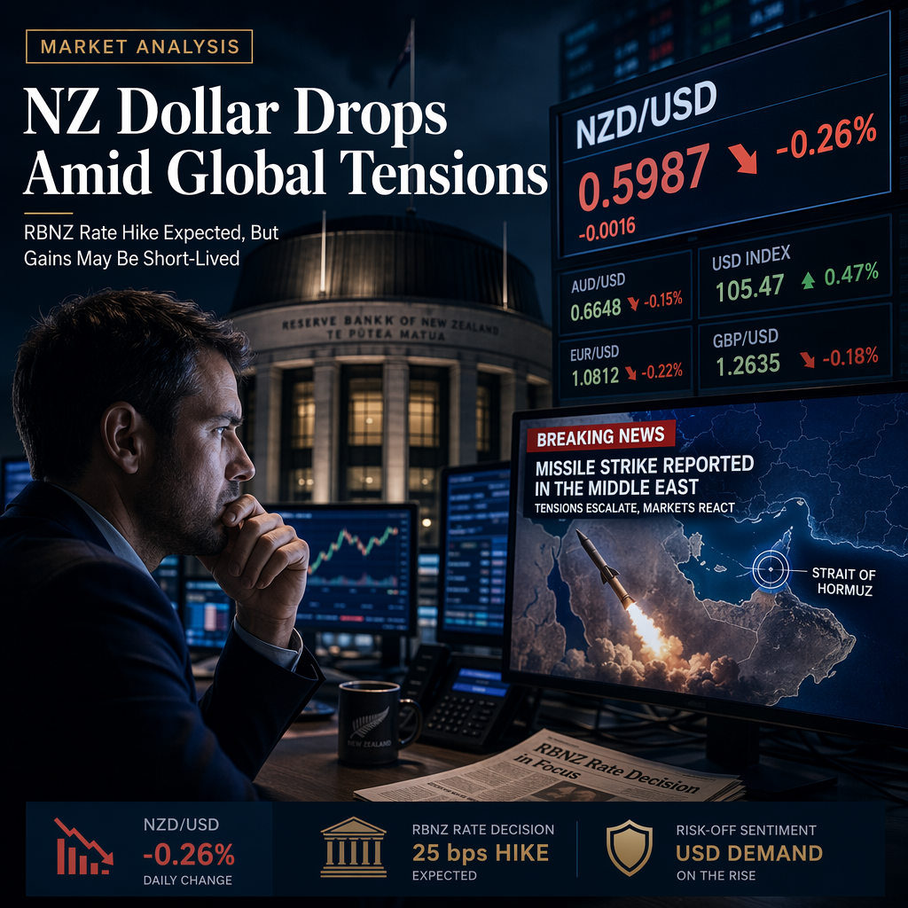 New Zealand Dollar Falls as Middle East Tensions Boost US Dollar; RBNZ Rate Hike Expected