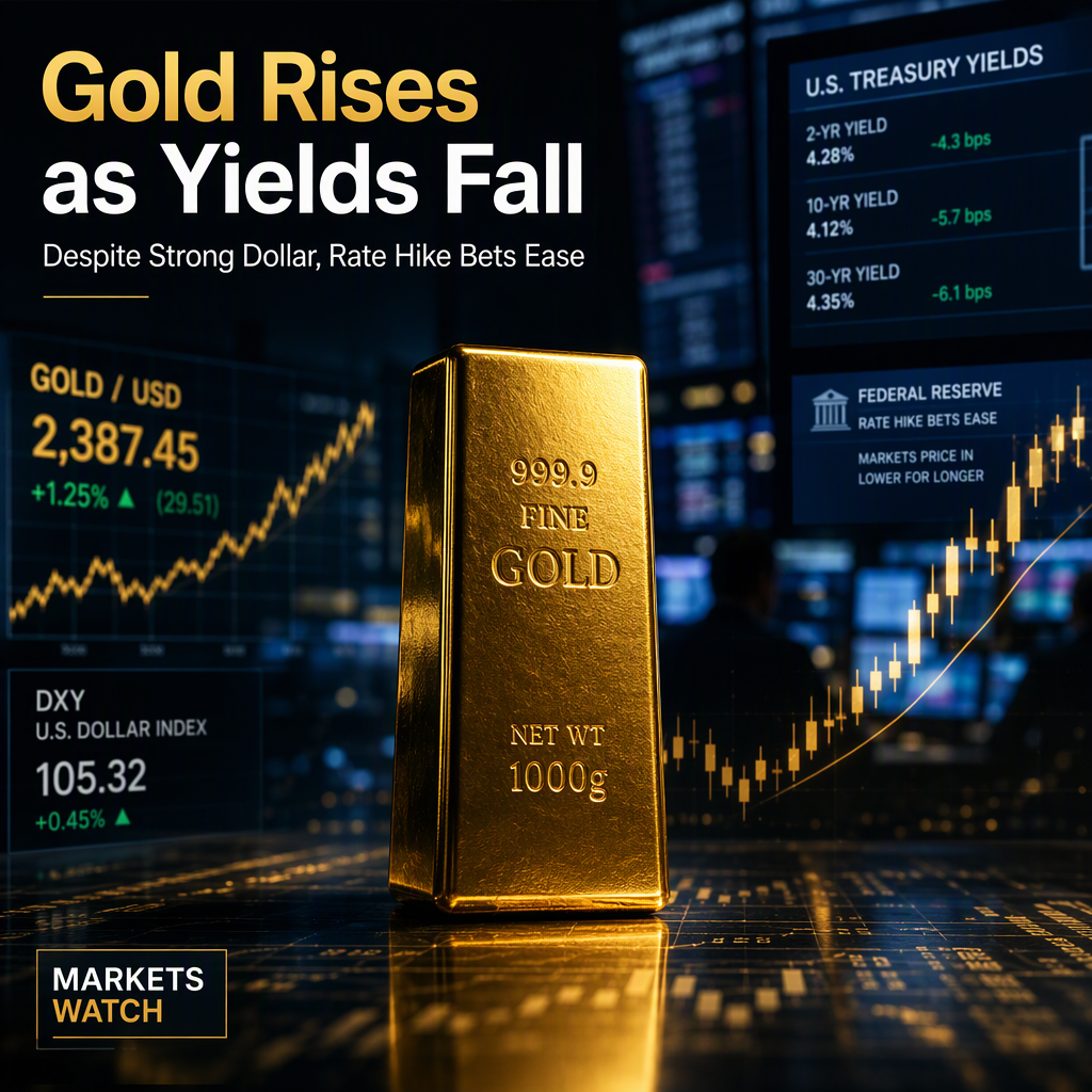 Gold Rises Despite US Dollar Strength as Treasury Yields Fall and Fed Rate Hike Bets Ease