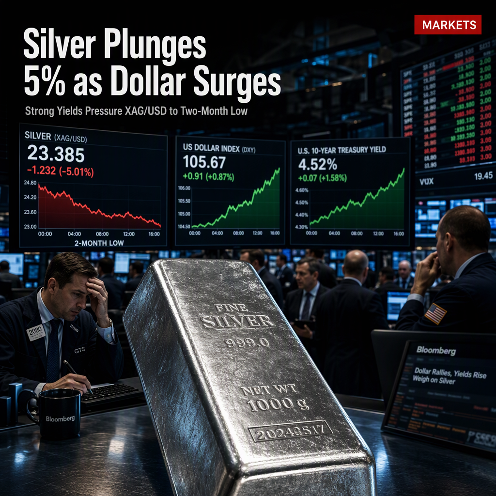 Silver Plunges 5% to Two-Month Low as Strong Dollar and Yields Weigh on XAG/USD