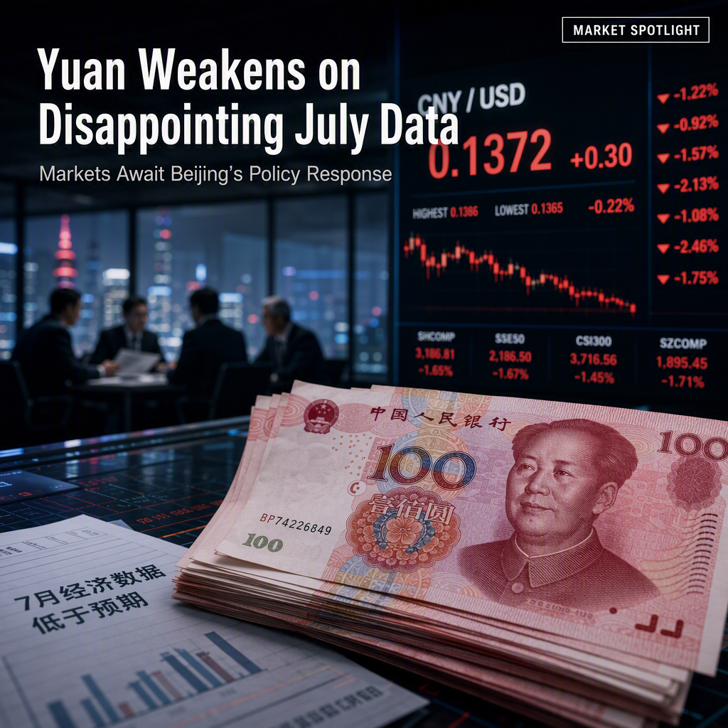 Chinese Yuan Weakens as July Data Misses Expectations, Prompting Calls for Policy Support