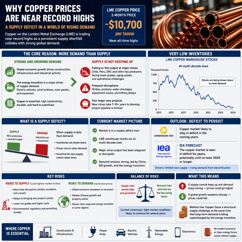Copper Prices Near Record Highs Amid Supply Risks and Structural Deficits, Says Commerzbank