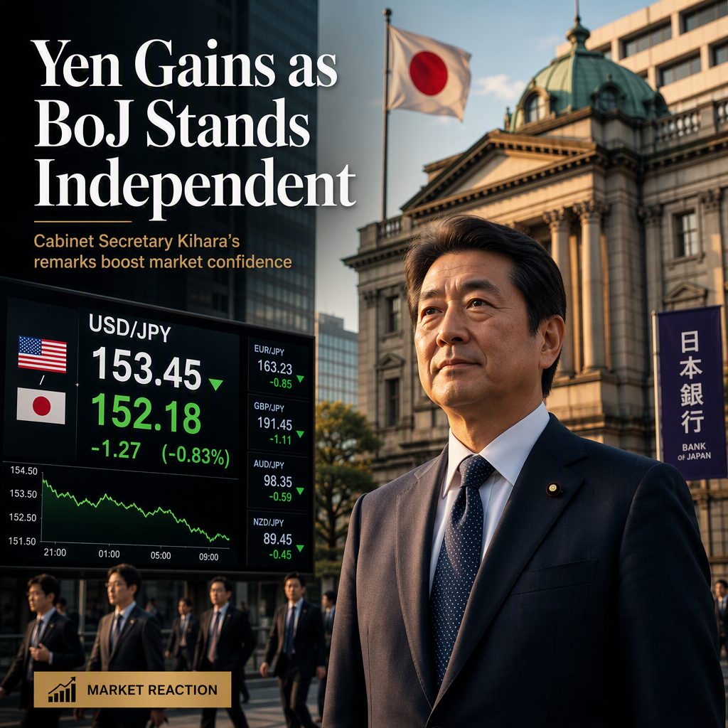Japanese Yen Strengthens as Cabinet Secretary Kihara Emphasizes BoJ Independence on Monetary Policy