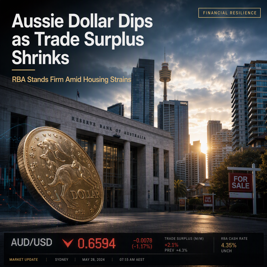 Australian Dollar Slips as Trade Surplus Narrows Sharply; RBA Signals Resilience Amid Housing Weakness