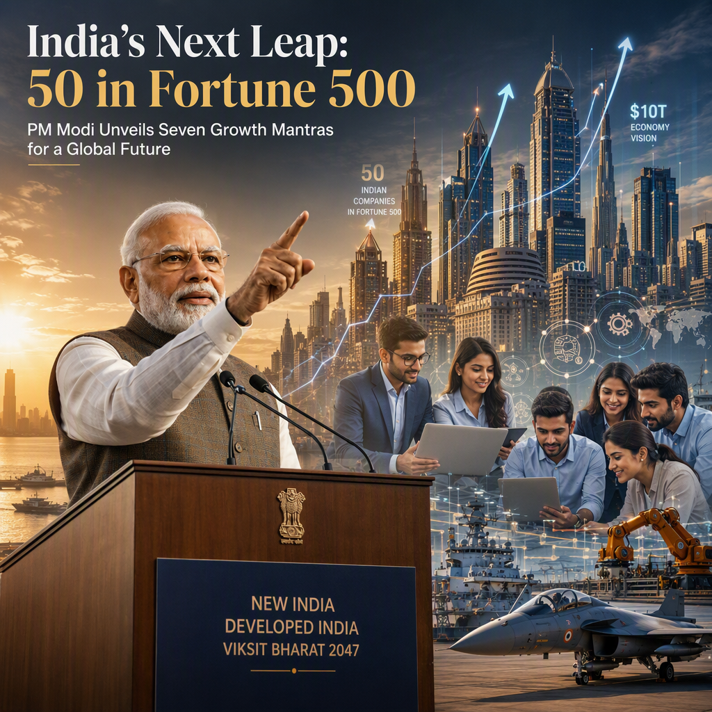 Modi Sets Ambitious Target: 50 Indian Firms in Fortune 500, Unveils Seven Growth Mantras