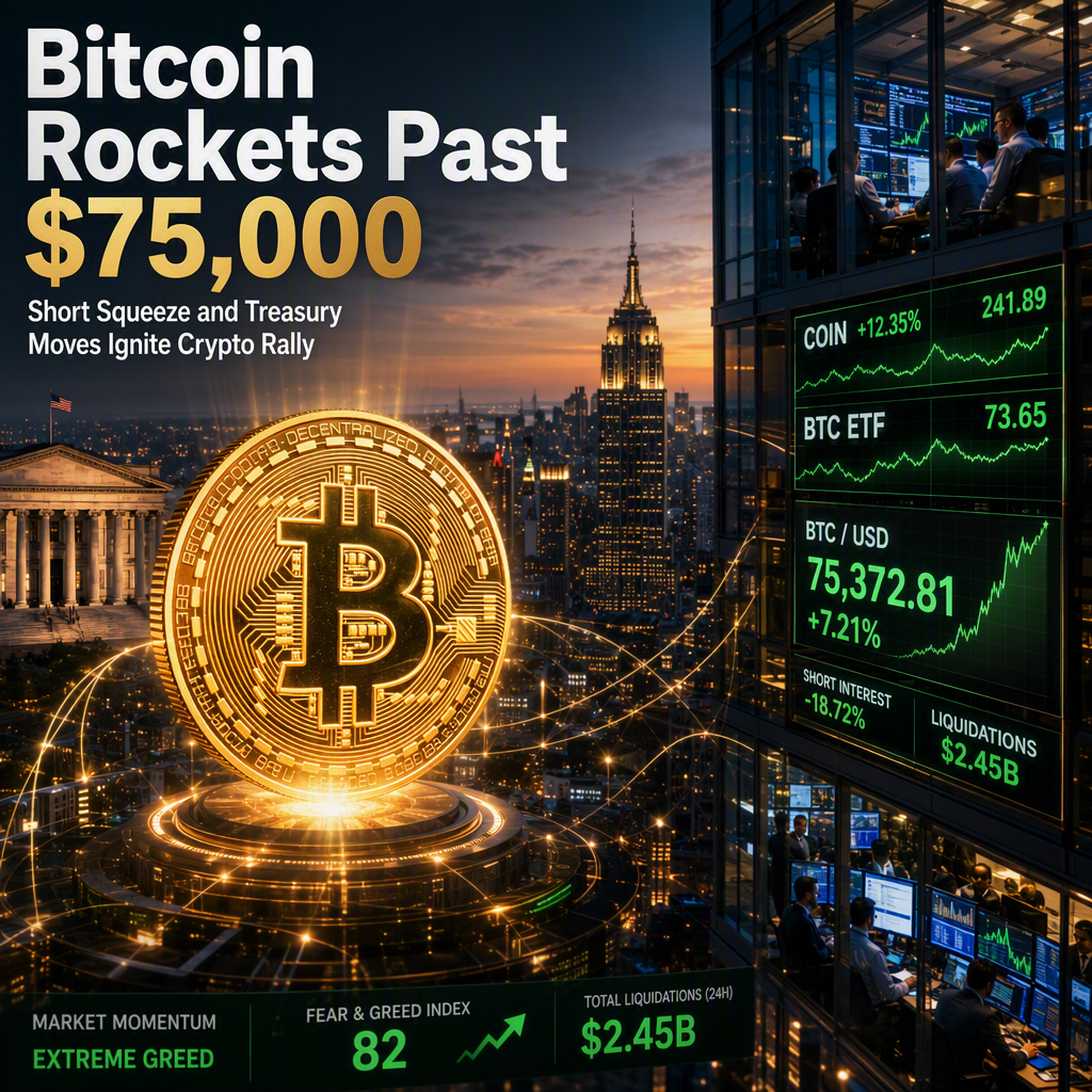 Bitcoin Surges Past $75,000, Posting 20% Weekly Gain Amid Treasury Intervention and Short Squeeze
