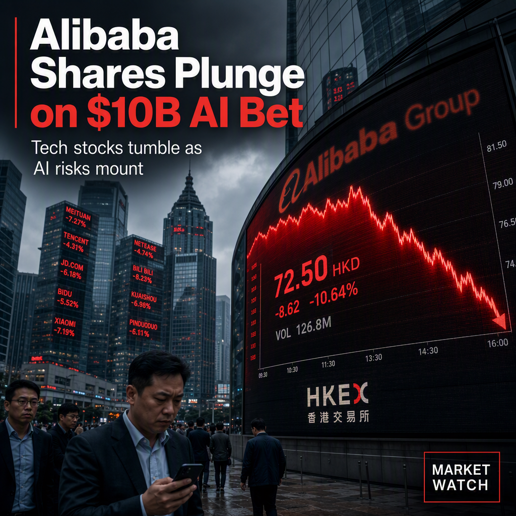 Alibaba Shares Plunge After $10 Billion AI Fundraising Plan Amid Broader Tech Selloff