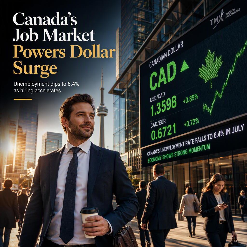 Canada's Unemployment Rate Falls to 6.4% in July, Boosting Canadian Dollar