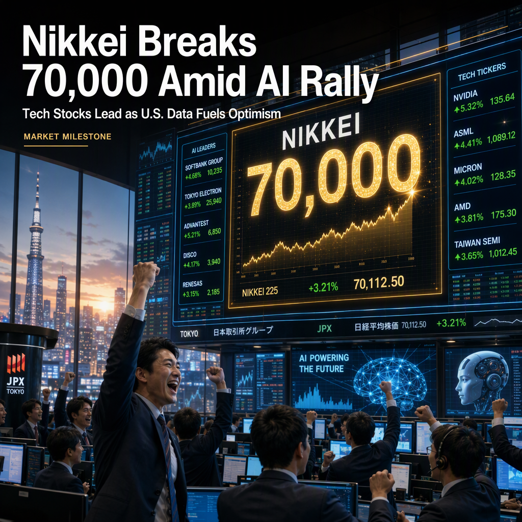 Nikkei Briefly Surges Past 70,000 as AI Optimism and Soft U.S. Jobs Data Fuel Rally