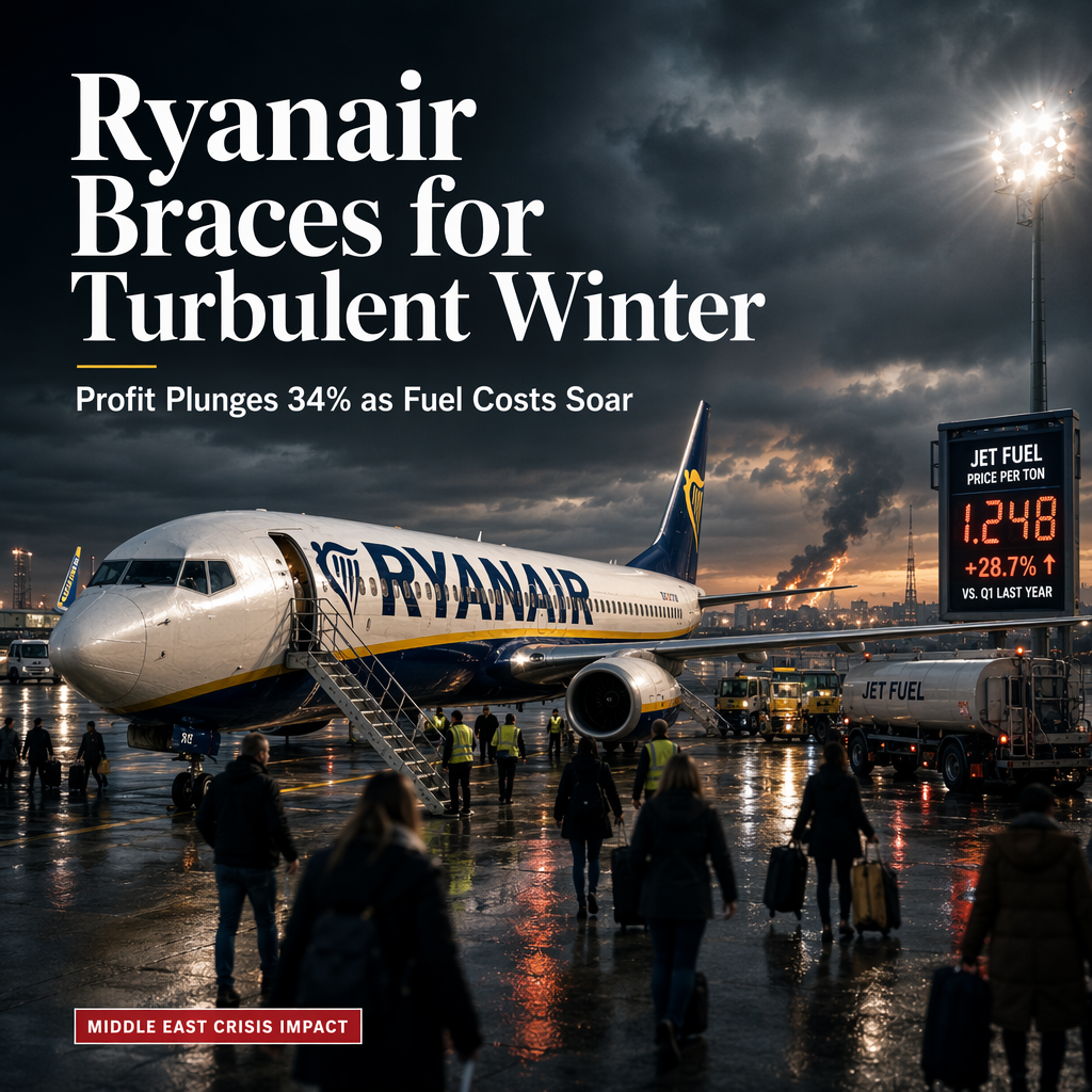 Ryanair's Q1 Profit Drops 34% Amid Middle East Crisis and Rising Fuel Costs; CEO Warns of 'Difficult Winter' for Airlines