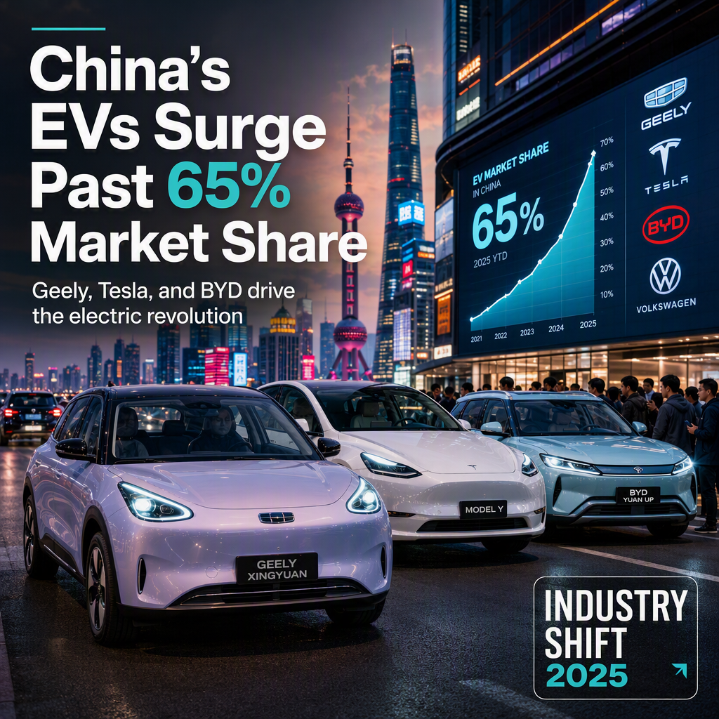Electric Vehicles Capture 65% of China’s Car Market as Geely, Tesla, and BYD Lead Sales