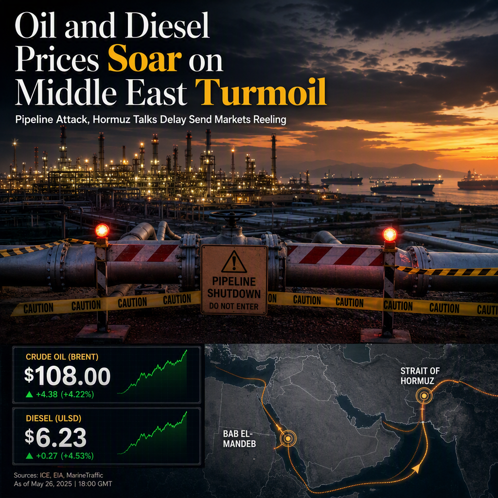Oil and Diesel Prices Hit Record Highs After Saudi Pipeline Shutdown and Hormuz Talks Delay