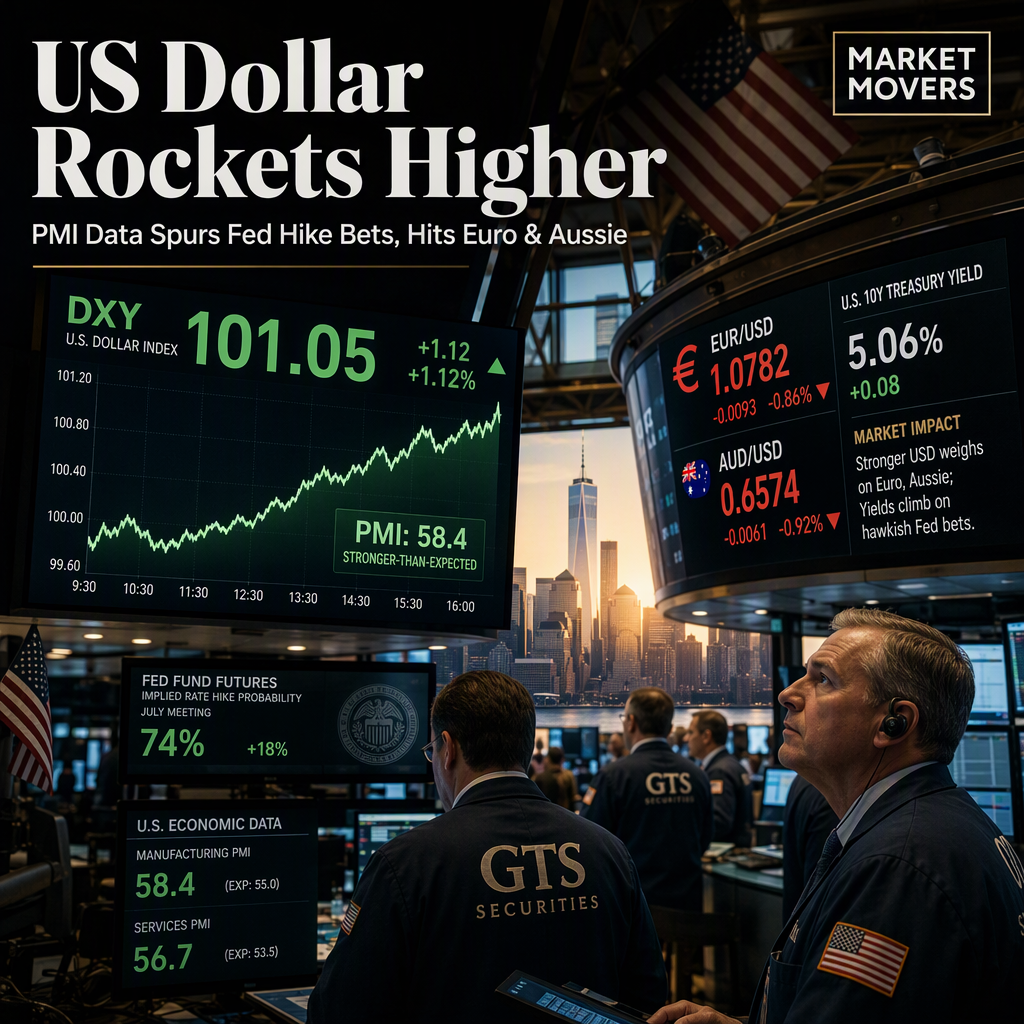 US Dollar Surges as Strong PMI Data Fuels Fed Rate Hike Bets, Pressuring Euro and Australian Dollar