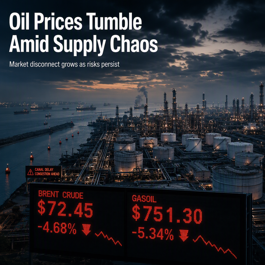 Brent Crude and Gasoil Prices Plunge Sharply Despite Ongoing Supply Disruptions