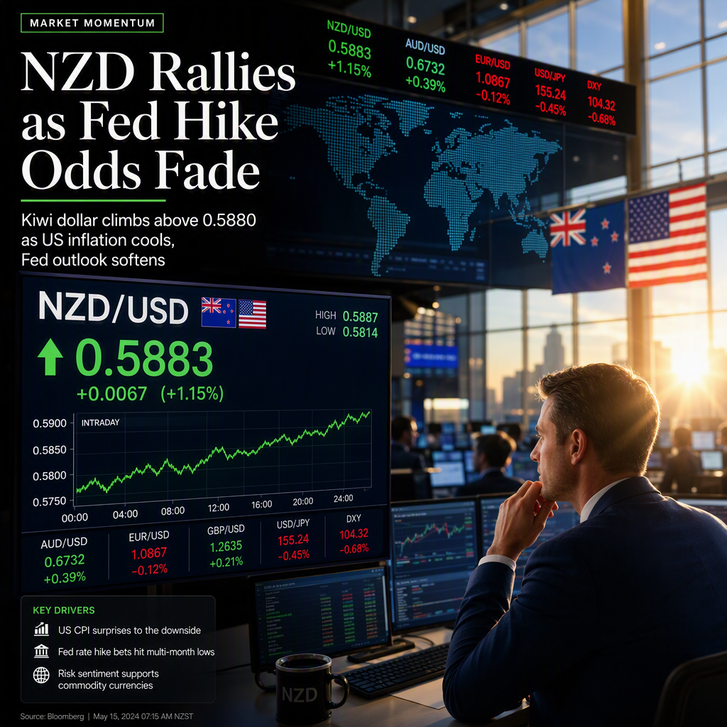 NZD/USD Rises Toward 0.5900 as US Dollar Weakens on Diminished Fed Hike Expectations