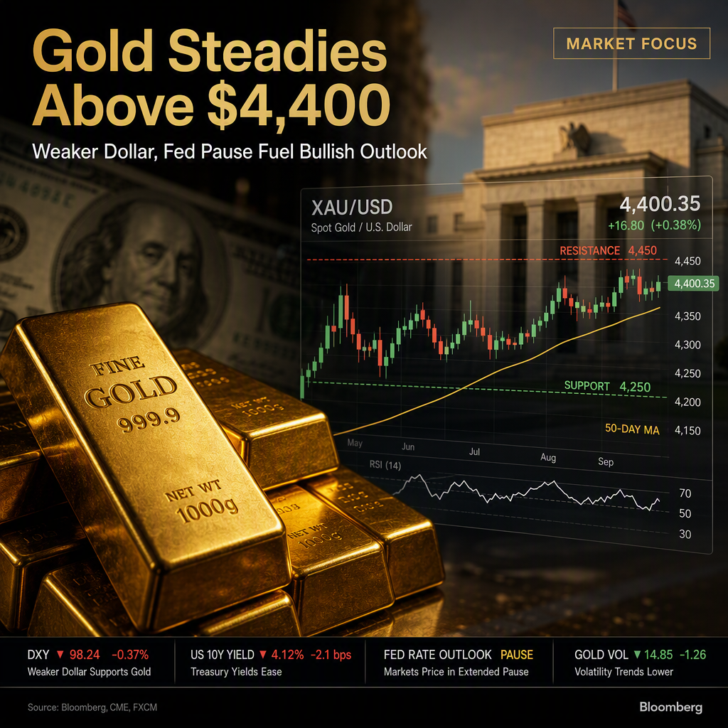Gold Holds Bullish Bias Near $4,400 Amid Weaker Dollar and Fed Rate Outlook