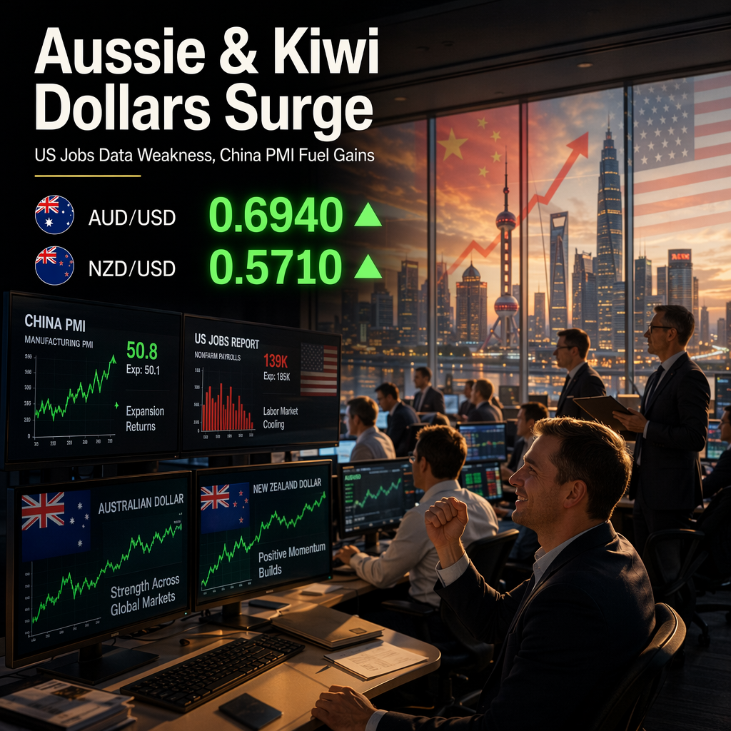 Australian and New Zealand Dollars Gain as Weak US Jobs Data Pressures Greenback, China PMI Supports Sentiment