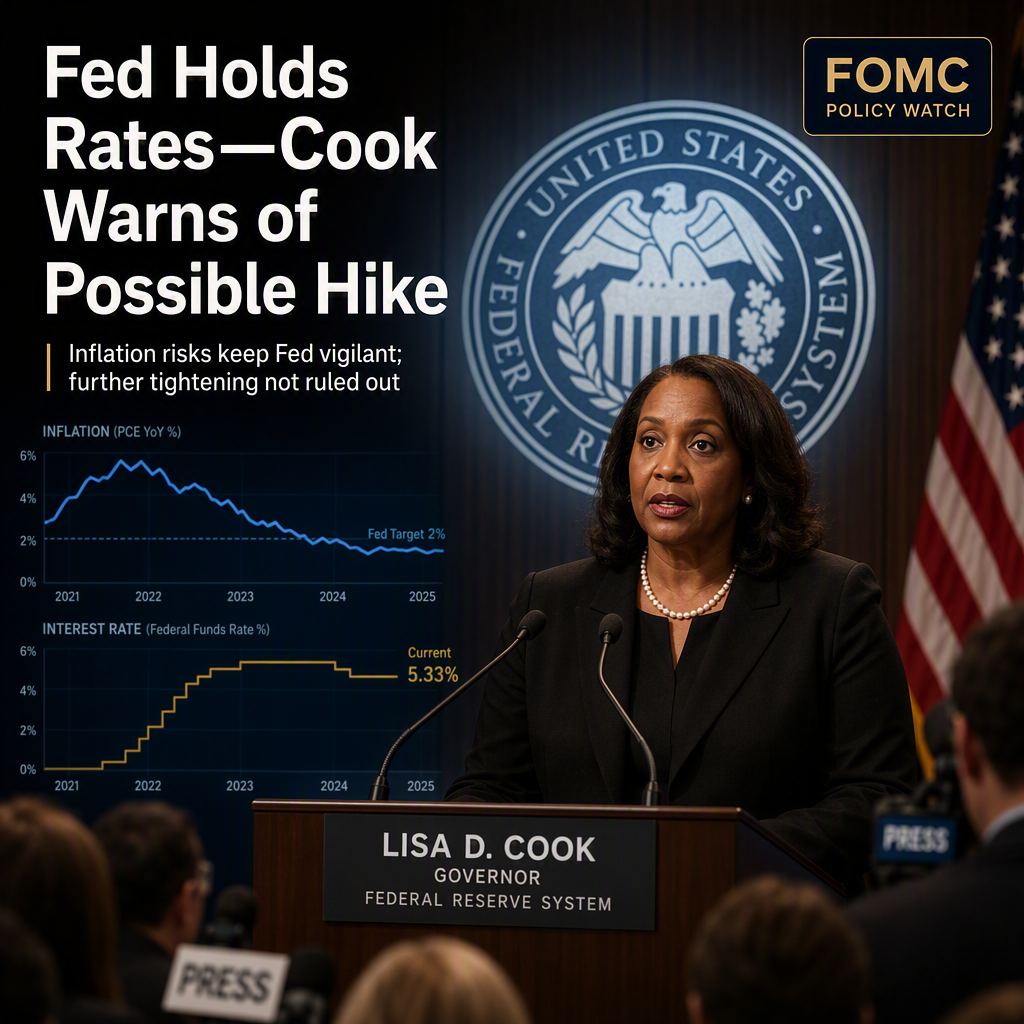 Fed Governor Lisa Cook Signals Rate Hold, Warns of Possible Hike if Disinflation Stalls