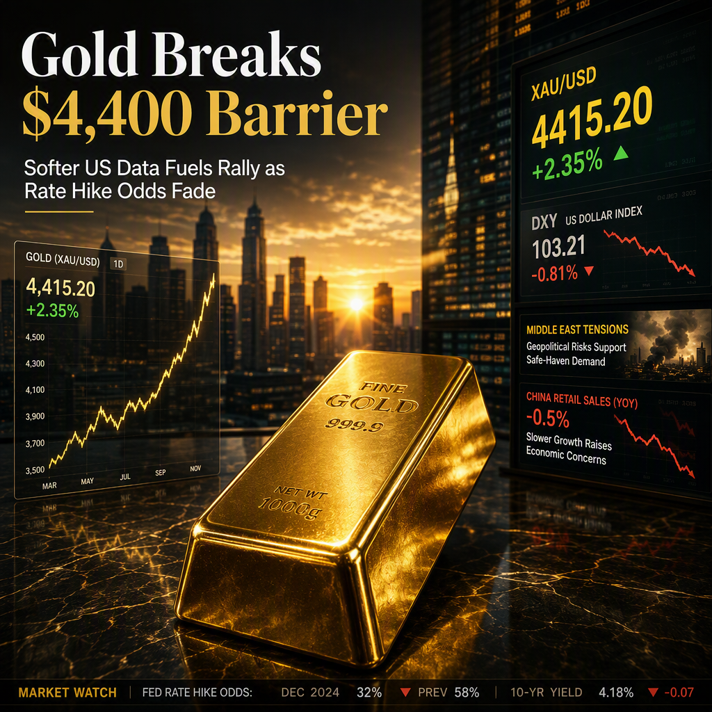 Gold Surges Above $4,400 as Softer US Data Lowers Fed Rate Hike Odds